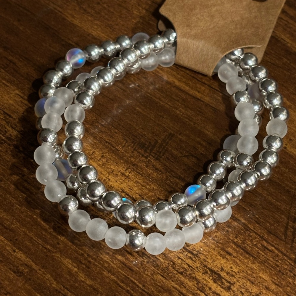 Silver Beaded Stretch Bracelets with Frosted Accent Beads 3pk